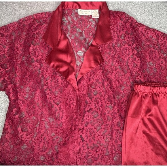 Vintage Victorias Secret Pajama Set Shorts Large Satin Lace Button Up Gold Label - Picture 1 of 13